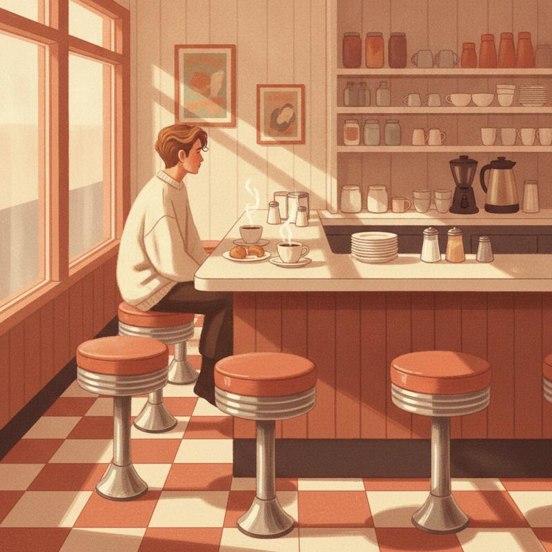 An almost empty diner counter with one person sitting alone over a coffee