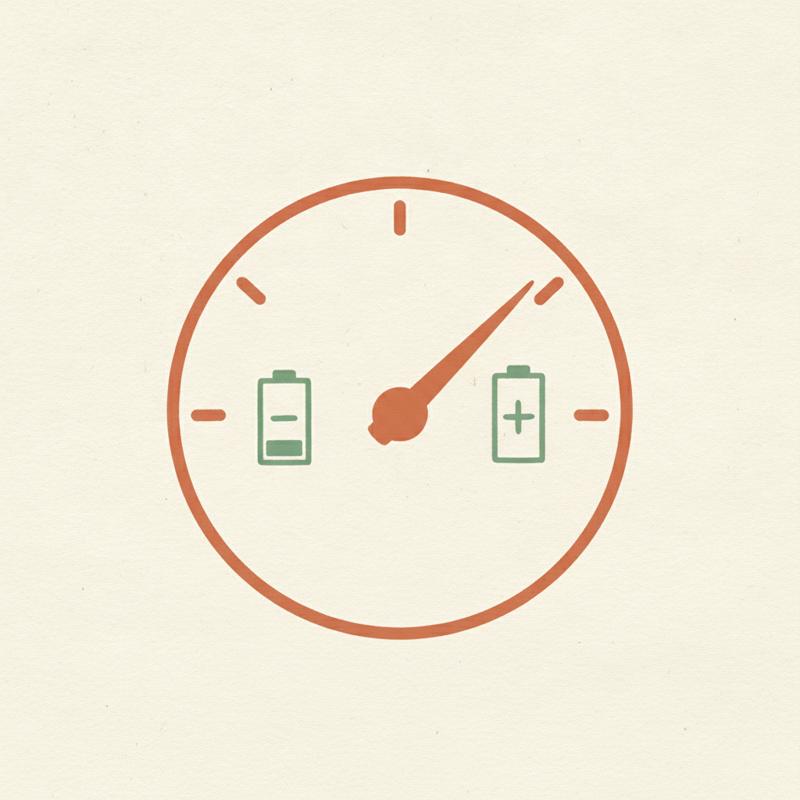 Editorial illustration of a dial gauge, needle swinging between an empty battery and a full one