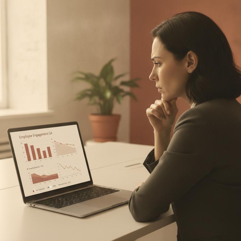 A manager reviewing declining employee engagement charts on a laptop
