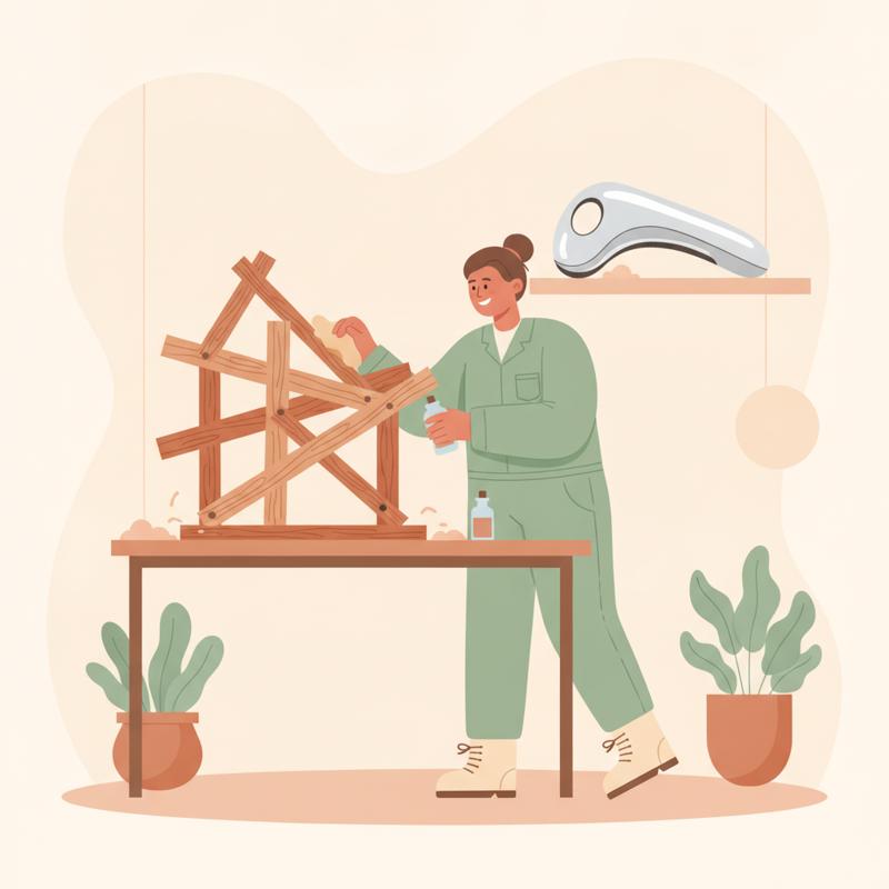 An engineer proudly polishing a wobbly handmade wooden contraption while a sleek finished tool sits unused on a shelf