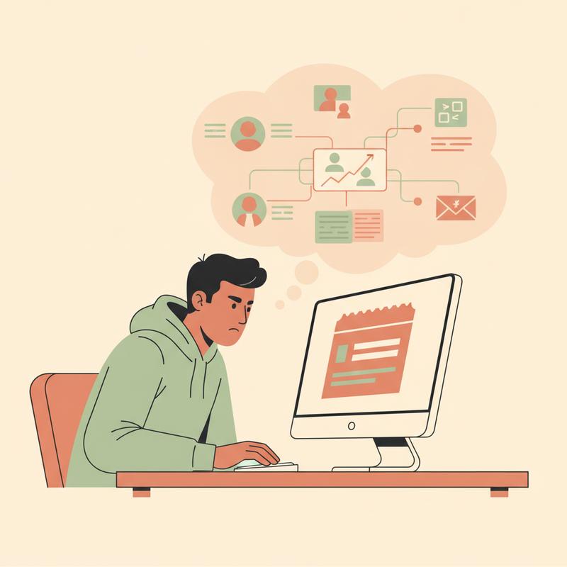 An engineer looking at a sparse ticket on screen while the bigger picture of customers and goals floats out of reach