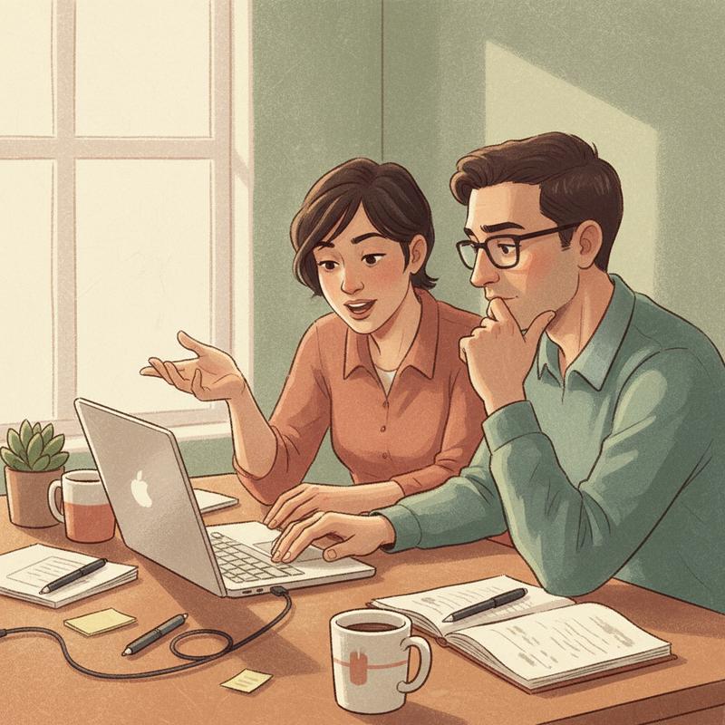 Two software engineers leaning over a laptop together, one explaining and the other listening intently