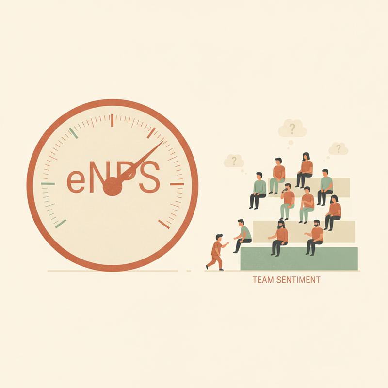 A large eNPS gauge needle swings wildly as one small figure steps down from the middle tier of a ten-person team