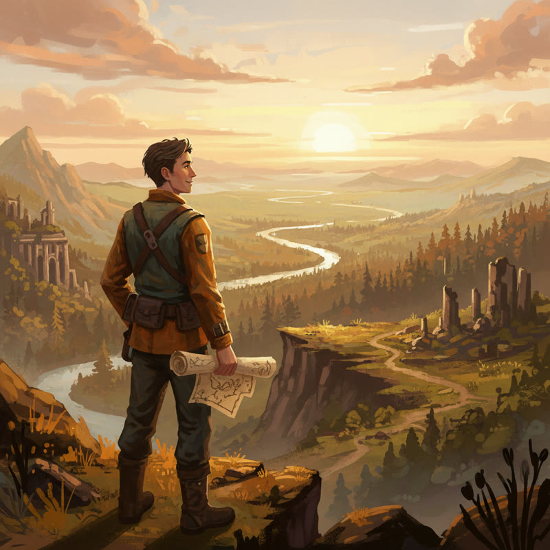 A lone figure standing at the edge of uncharted terrain, map in hand, looking forward with curiosity