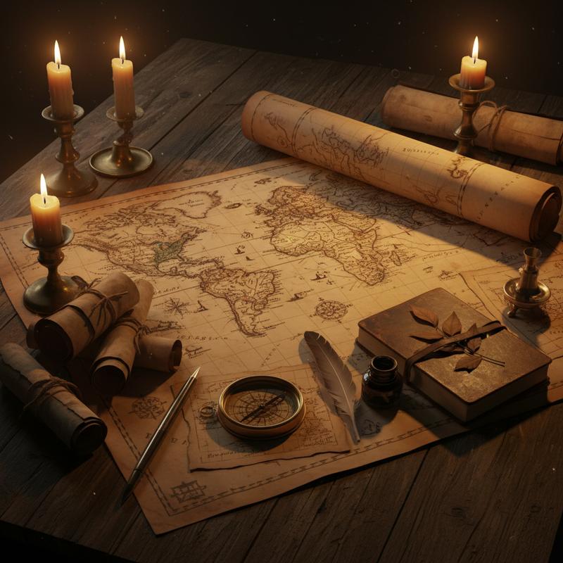 Old maps and explorer tools spread on a wooden table by candlelight