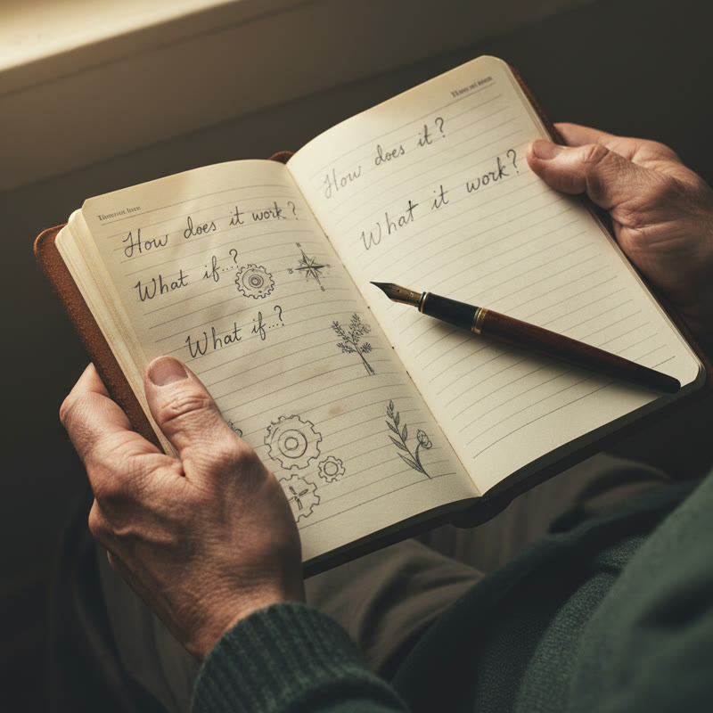 Worn hands holding an open notebook filled with curious questions and sketches