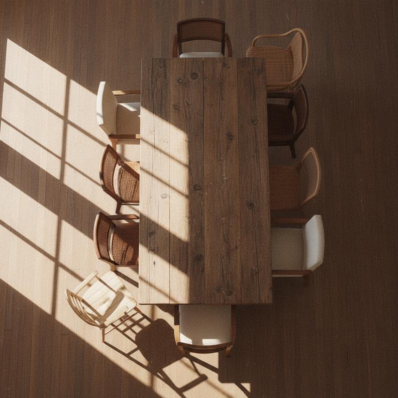 An empty wooden conference table with mismatched chairs, one pulled out at an angle, warm afternoon light