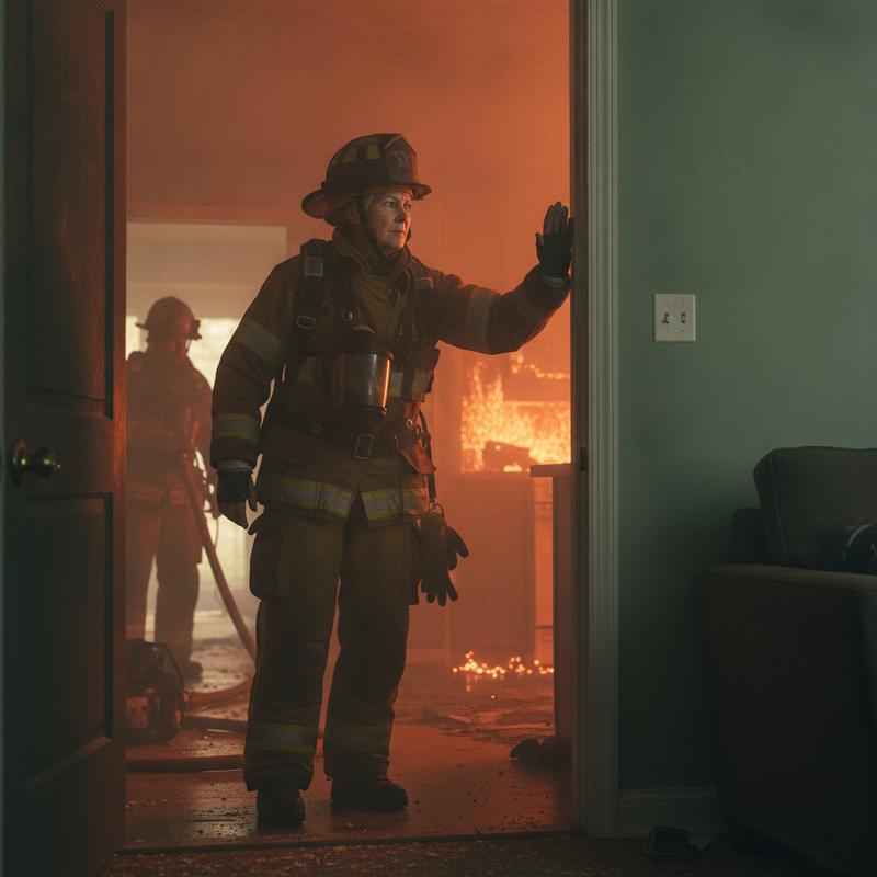 A fire commander in turnout gear raises a hand to stop the crew at the doorway of a smoky living room