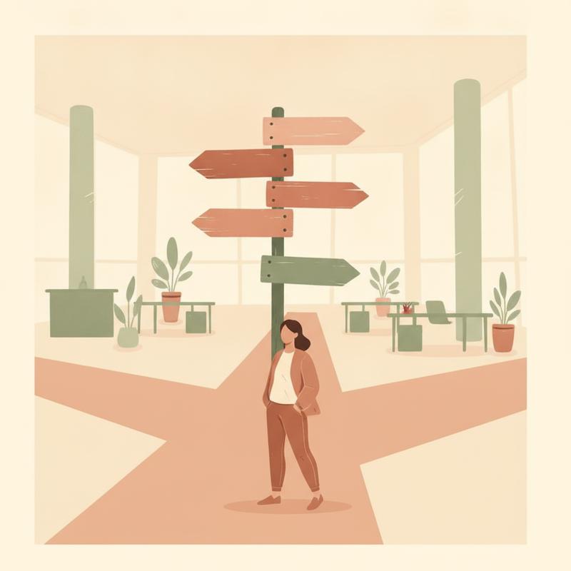 A new employee standing at a crossroads in an open-plan office, surrounded by five blank signposts pointing different ways