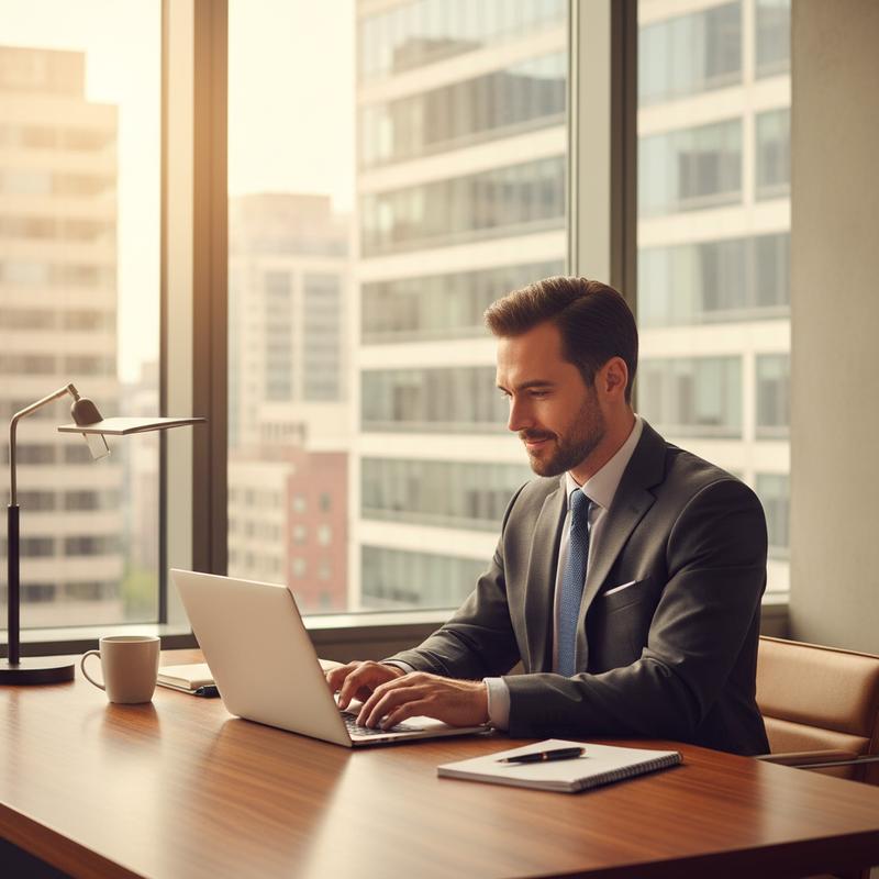 A professional working with focus and energy during morning daytime hours, natural light through office windows