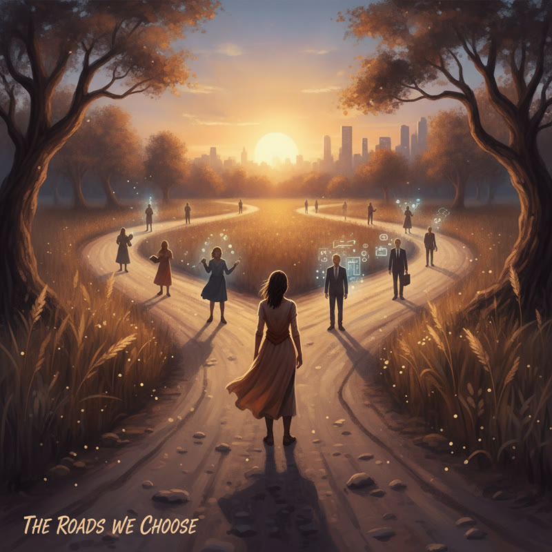 A person standing at a fork in a road at dusk, different silhouettes along each path representing different life choices and identities