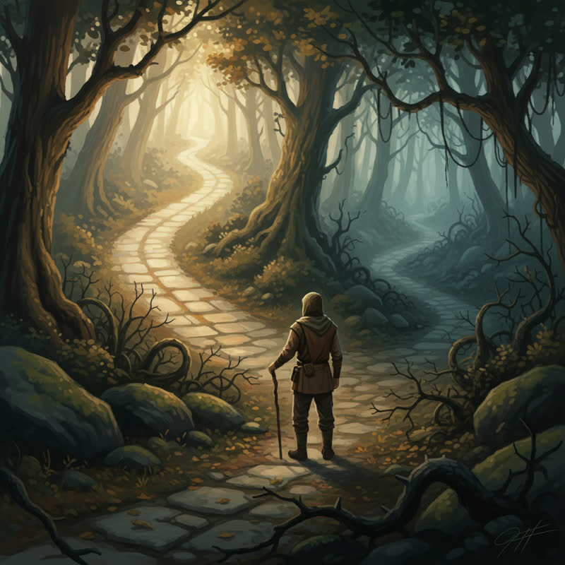 A figure at a crossroads in a misty forest, contemplating the harder path