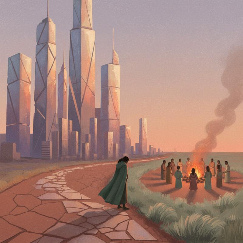 A person at a fork in a road, one path toward a city of glass towers, one path toward a small gathering of people around a fire at dusk