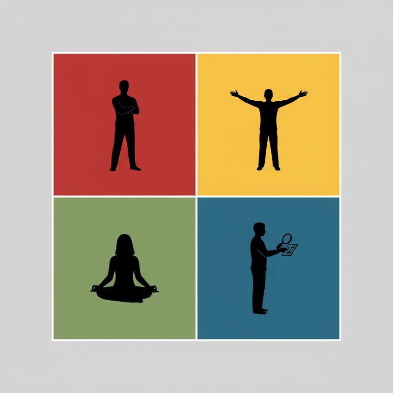 Four personality types in Red, Yellow, Green, and Blue, each with a different posture and energy