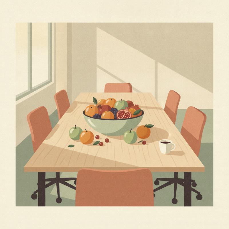 A bowl overflowing with fresh fruit sits on an empty office break room table under evening light, chairs pushed back and nobody there