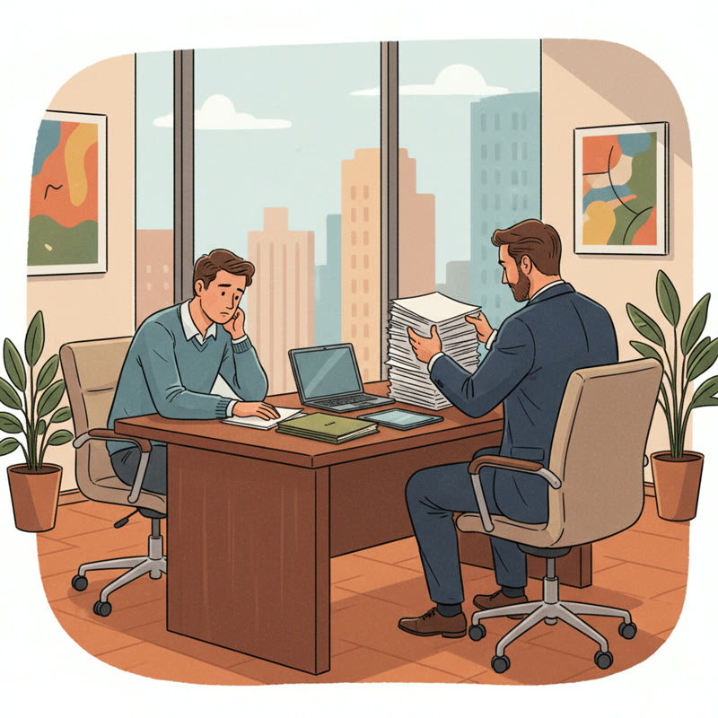 An employee sitting deflated across from a manager shuffling papers during an annual performance review