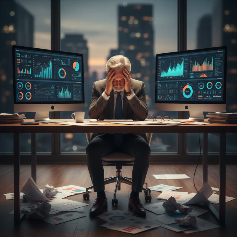 A stressed executive sits at a desk with multiple AI dashboards on screens, head in hands, surrounded by scattered printouts