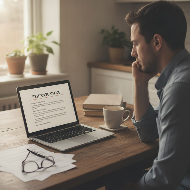 A man sitting at his home office desk reading a Return to Office notice on his laptop