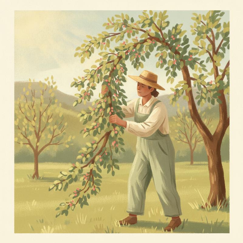 A gardener tending the fullest, strongest branch of a young fruit tree as new buds sprout along it