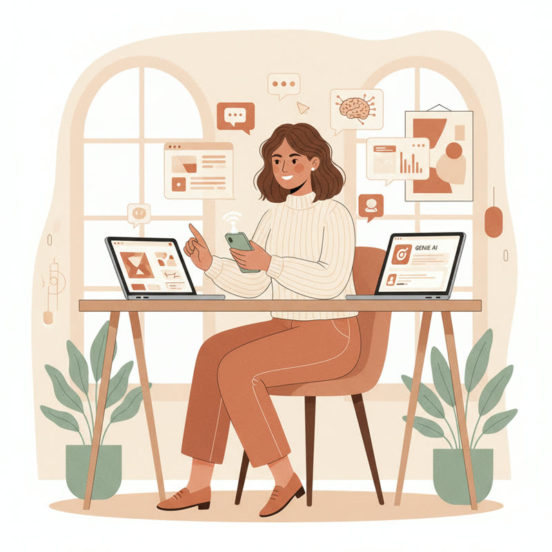 A Gen Z professional working across multiple devices and AI interfaces simultaneously, with natural ease