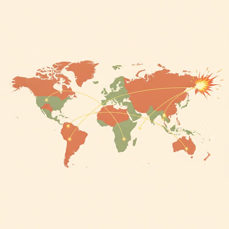 A world map illustration with one glowing connection line abruptly cut near an East Asian coastline