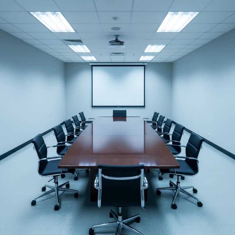 An empty conference room with cold fluorescent lighting and a chair pushed back
