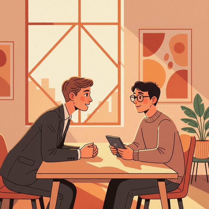A leader sitting across from a team member, leaning forward with genuine attention