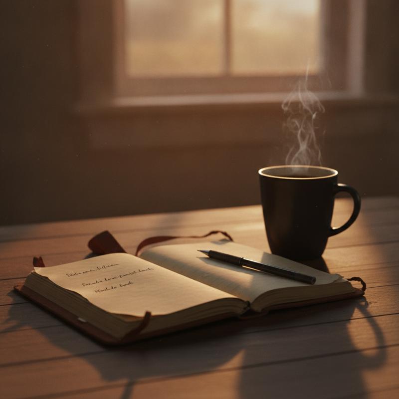 An open notebook with three short handwritten lines next to a steaming mug in warm evening light
