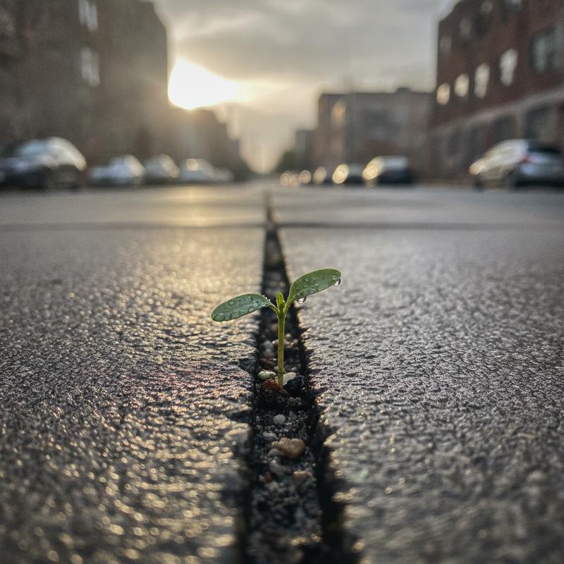 A small green sprout growing through a crack in a wet city street, lit by low morning sun