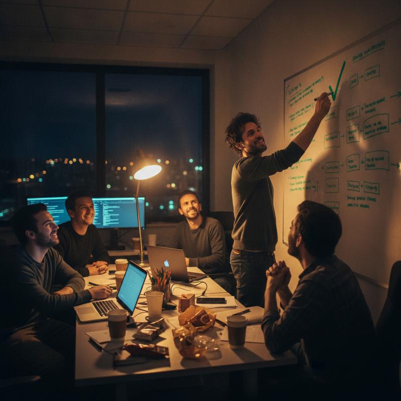 A small team in an office at night smiling as one person draws a green tick on a crowded whiteboard