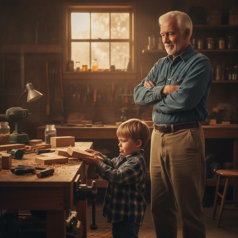 A grandfather stands back with arms folded, smiling, while his young grandson tries to fit two pieces of wood together at a workbench