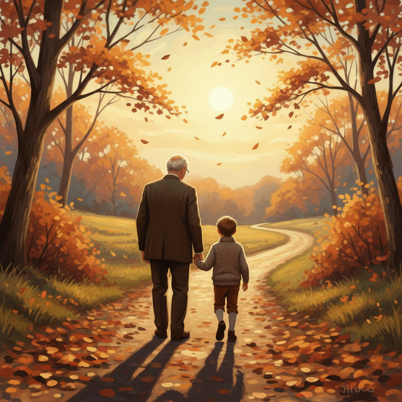 A grandfather and grandson walking on a country path in autumn