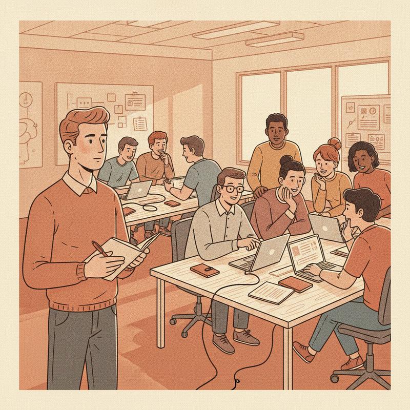 An engineering manager with a notebook watches teams collaborate at a busy office hackathon