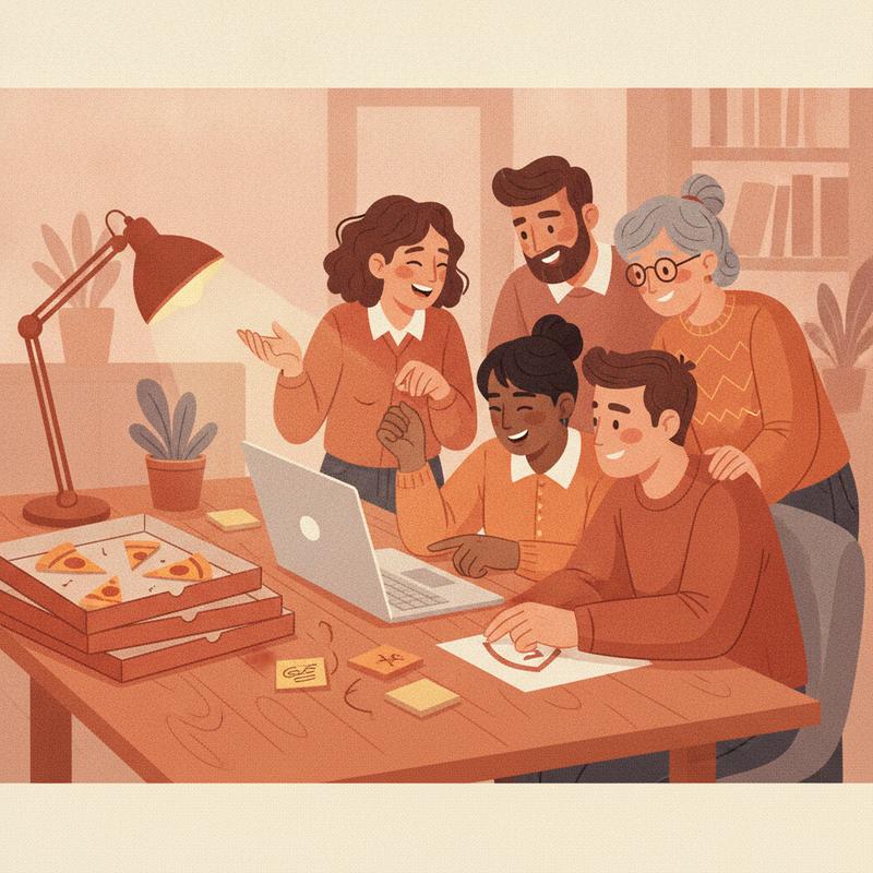 A cross-functional team gathered around one laptop late at night, laughing together over pizza and sticky notes