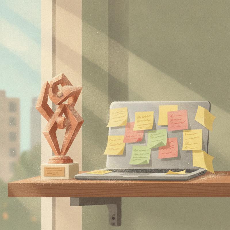 A dusty hackathon trophy on an empty office shelf beside a closed laptop covered in faded sticky notes