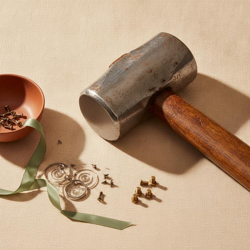 One enormous sledgehammer beside a scattered pile of tiny precision screws and watch springs