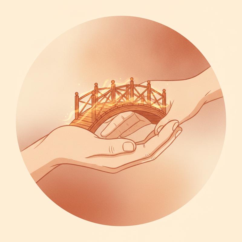 Two hands shaping a small bridge made of warm light, symbolising trust and craftsmanship