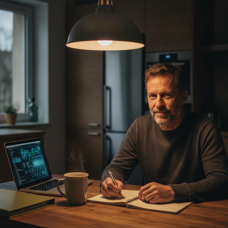 A man at his kitchen table late at night under a pendant lamp, writing in a notebook beside a mug and a laptop
