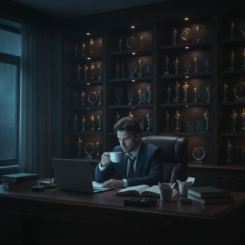 A professional late at night, surrounded by trophies but exhausted