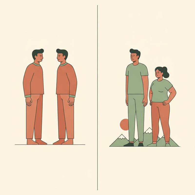 Split image: on the left two identical people facing each other like a mirror, on the right two different people standing side by side looking at the same horizon