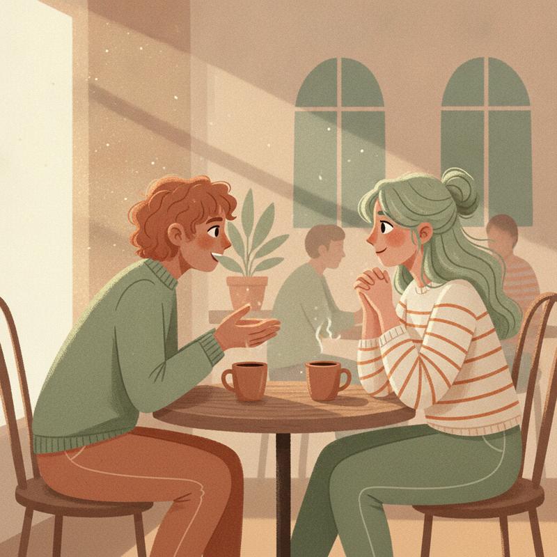 Two people talking honestly across a small cafe table, one listening with full attention