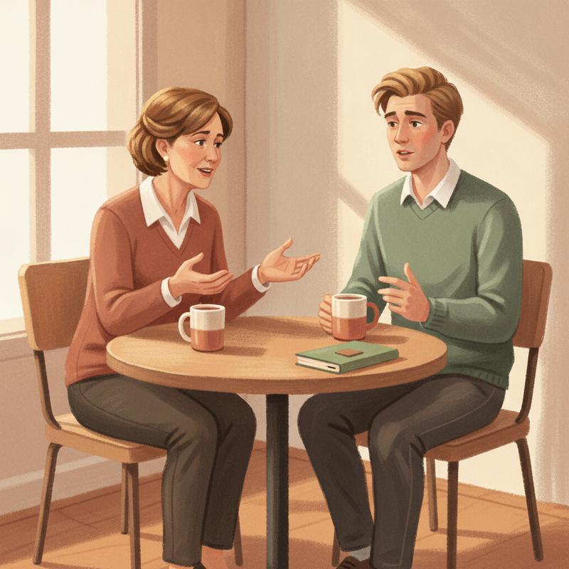 Two people talking across a small table in a quiet office corner, an older manager listening with open hands while a younger team member speaks