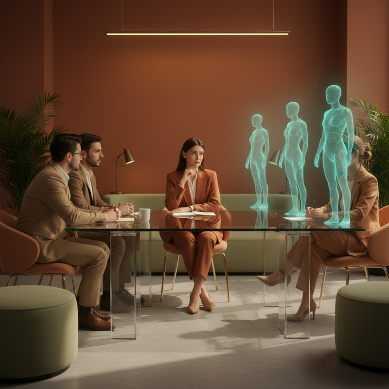 A hybrid team meeting, some seats filled by human colleagues, others by glowing holographic AI presences