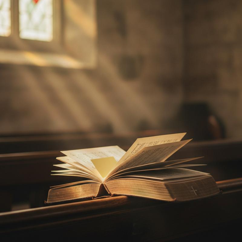 An open old hymn book resting on a wooden church pew, a small yellow square of paper stuck to one page as a bookmark