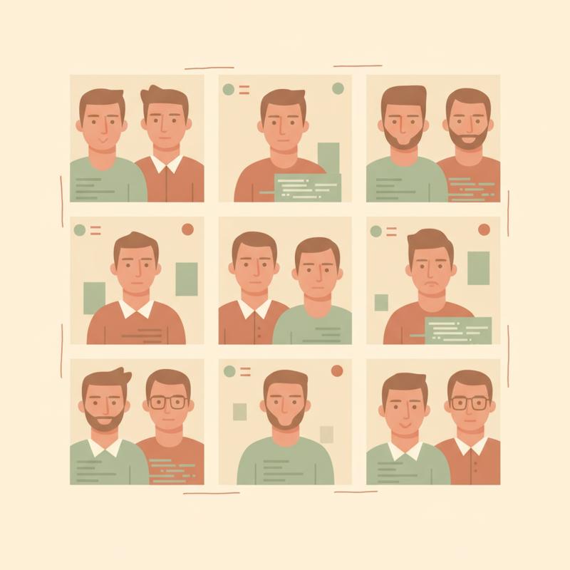 Video call grid of nine engineers clustered into three separate huddles with faint dividing lines between them