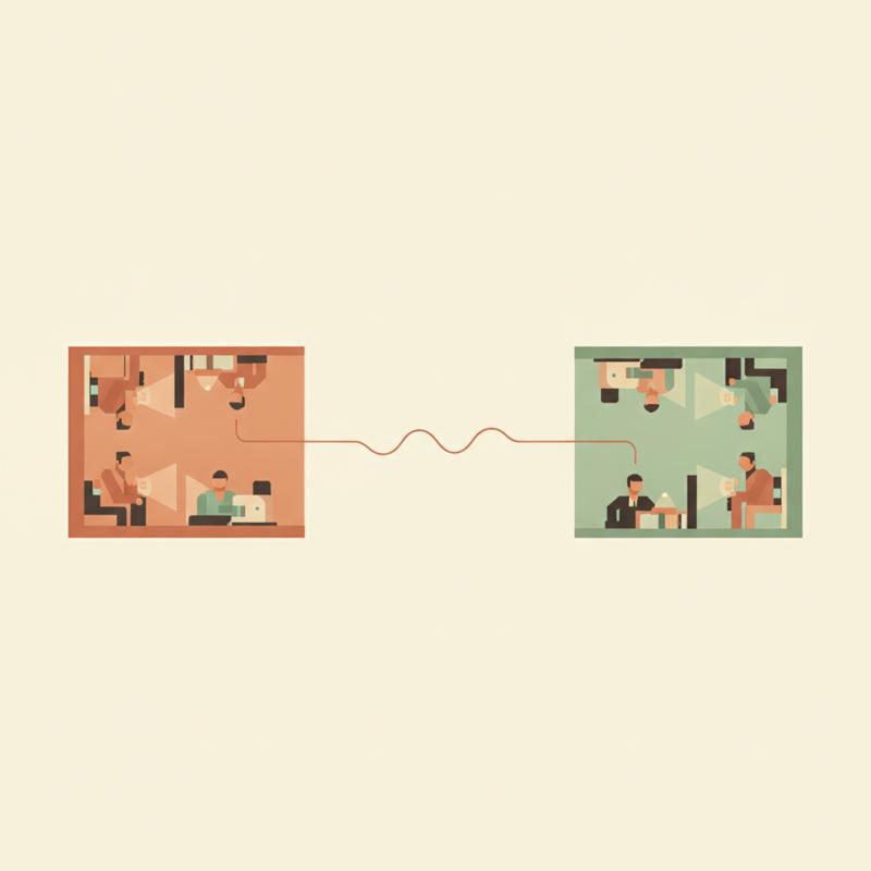 Two engineering teams in separate rooms on opposite sides of a wide gap, connected by a single thin thread