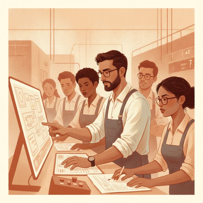 A leader stands on the floor beside their team, sleeves rolled up, working with them at a shared screen