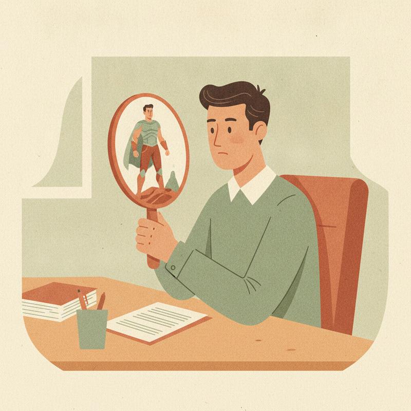 A manager at his desk looks into a small mirror which reflects a more heroic version of himself