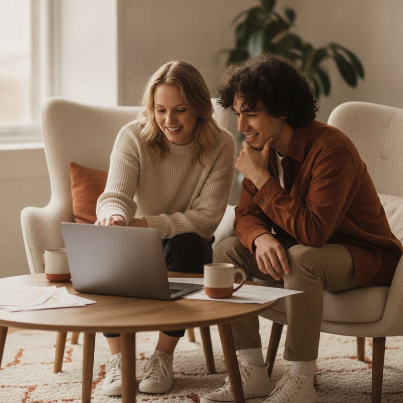 Two people reviewing work together during a collaborative interview