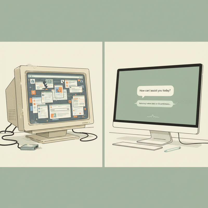 A cluttered old corporate intranet on a monitor contrasted with a clean modern AI chat interface